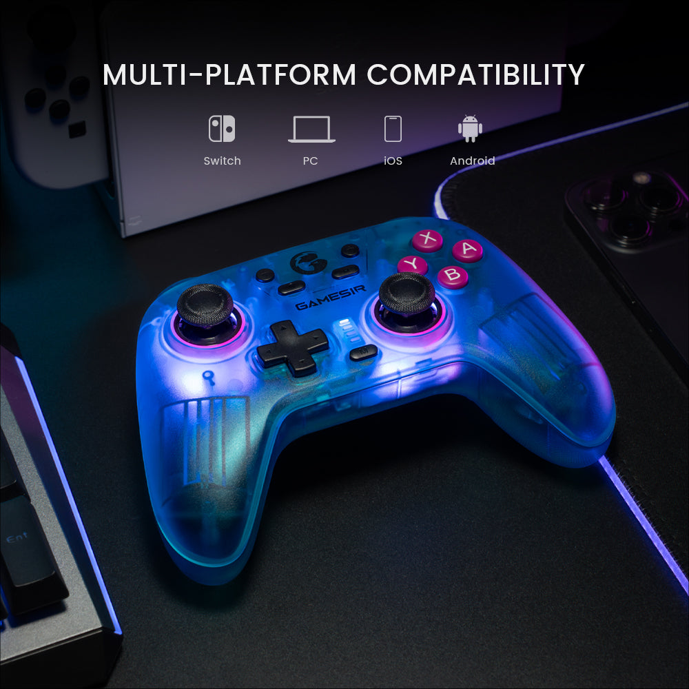 Game-sir Nova controller paired with Switch, PC, iOS, and Android devices for cross-platform gaming