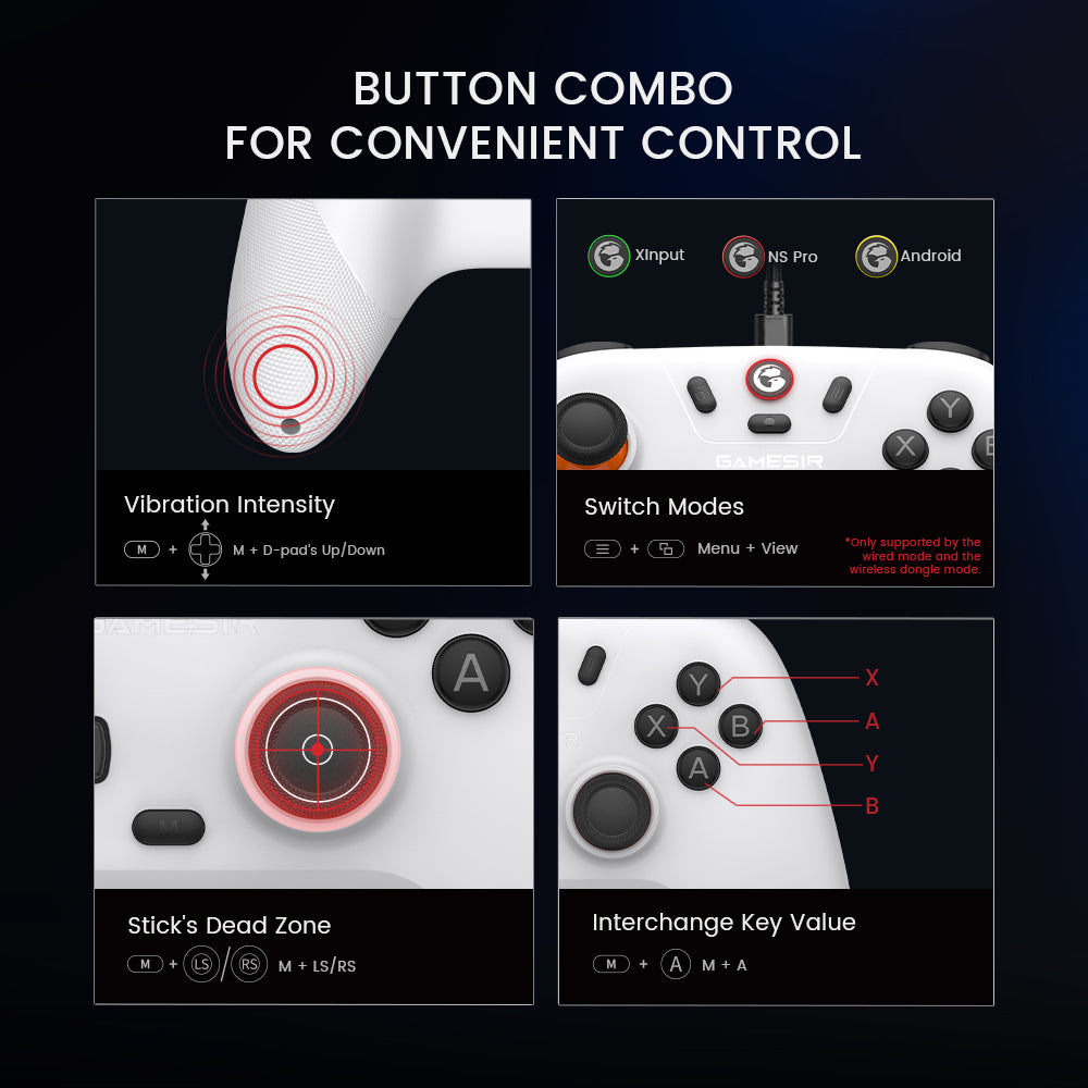Multi-function M button for convenient control: Seamlessly adjust various settings with the multi-function M button, from vibration intensity, ABXY layout to sticks’ deadz