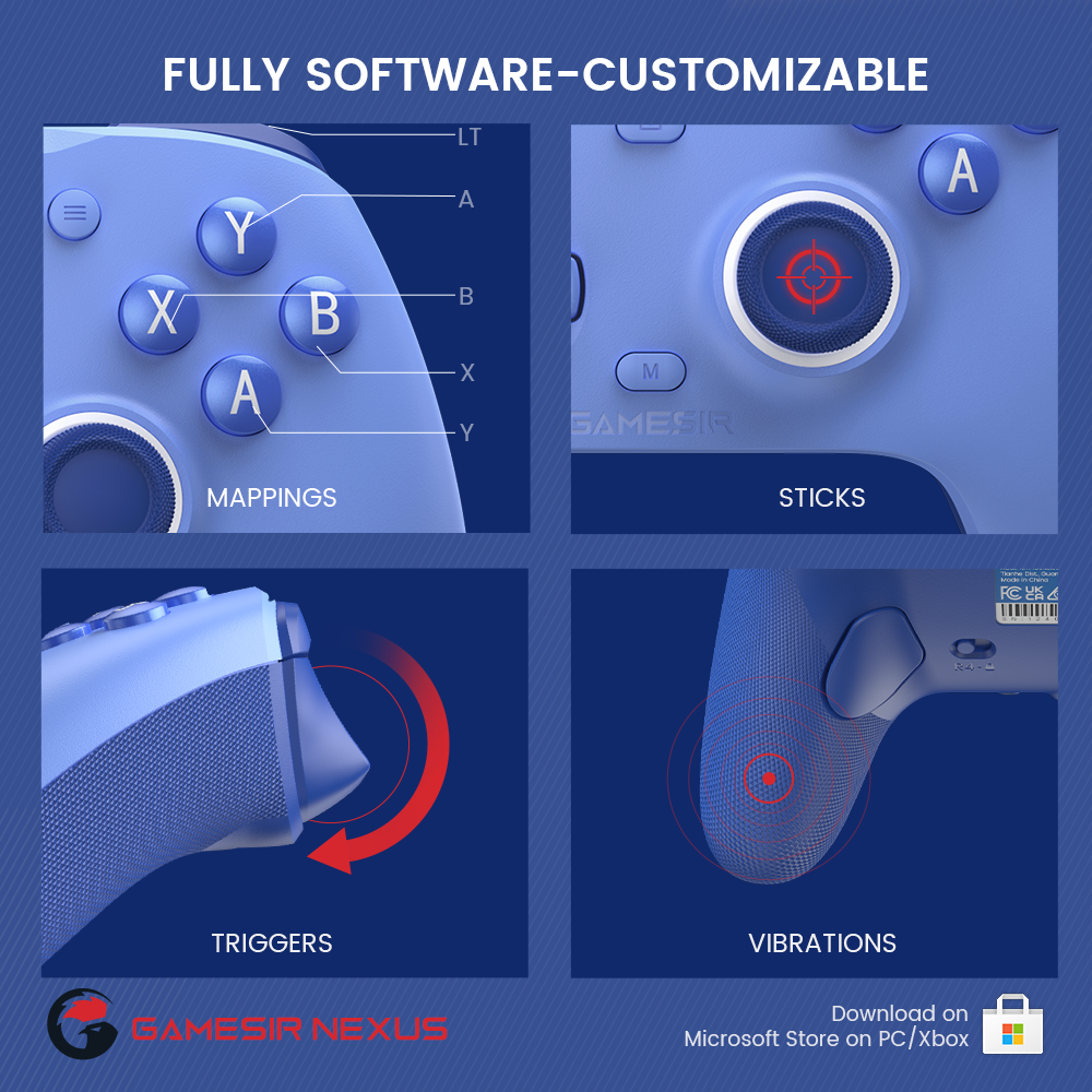 Fully customizable via Game-sir Nexus software, offering button mapping, stick & trigger zone adjustments, vibration settings, and exclusive impulse triggers for all games