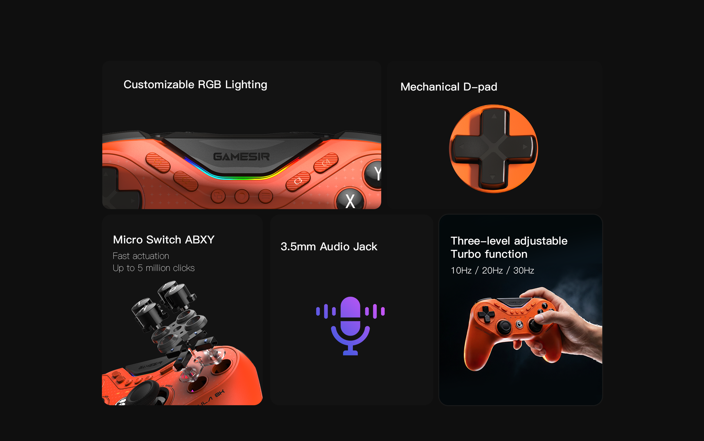Game-sir Tarantula 8K PC (Standard Edition).Continuing the breakdown of this specialized esports tool, here are the technical details for the components shown:1. Micro Switch ABXYThe face buttons are a standout feature designed for extreme responsiveness.[1]Tactile Technology: They utilize Micro Switches, the same technology found in high-end gaming mice. This provides a short, crisp, 