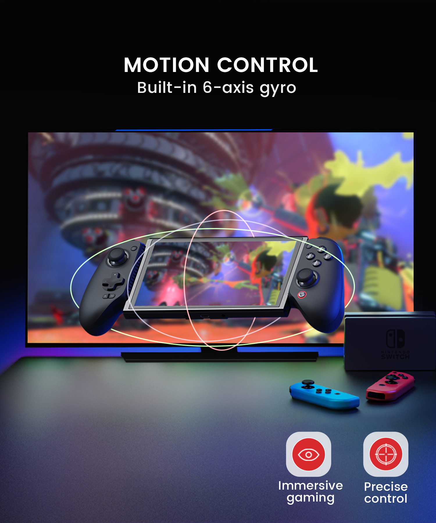 Motion control with built-in 6-axis gyroscope, allows for single-press wake-up with the Switch, offers immersive gaming and precise control
