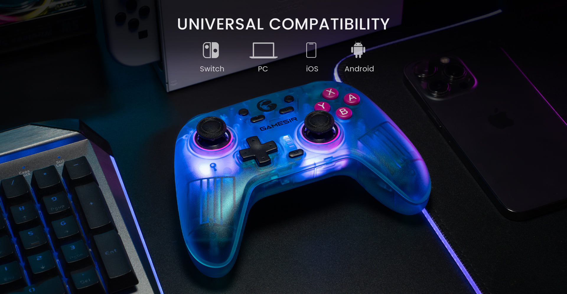 Game-sir Nova controller paired with Switch, PC, iOS, and Android devices for cross-platform gaming