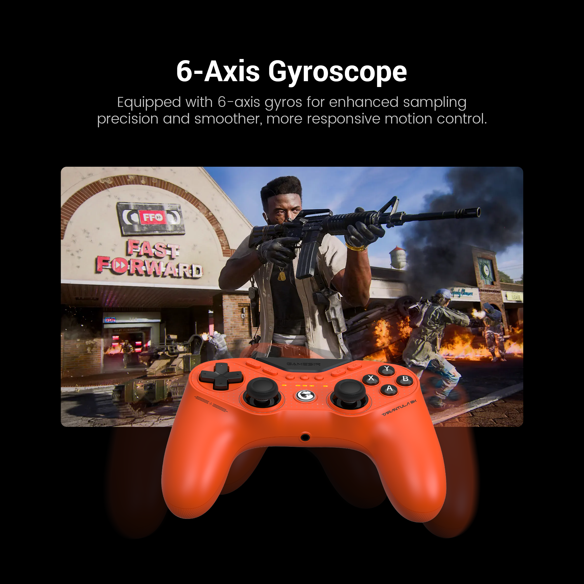 The image highlights the 6-Axis Gyroscope integrated into the high-performance architecture of the GameSir Tarantula 8K PC.While the Tarantula 8K is widely celebrated for its speed in fighting games, this feature demonstrates its versatility as a professional tool for First-Person Shooters (FPS) and racing titles on PC.1. 6-Axis Gyroscope TechnologyThe Hardware: The controller is equipped with a specialized sensor array that tracks movement across six different axes—three for rotation (pitch, roll, yaw) and three for translation.Enhanced Sampling Precision: Because this controller is part of the 8K (8000Hz) performance line, the gyroscope data is processed with extreme frequency. This ensures that even the most subtle physical movements of the controller are registered with the same ultra-low latency as the buttons and sticks.2. Smoother & More Responsive Motion ControlGyro Aiming: In the FPS game shown in the background, players can use 