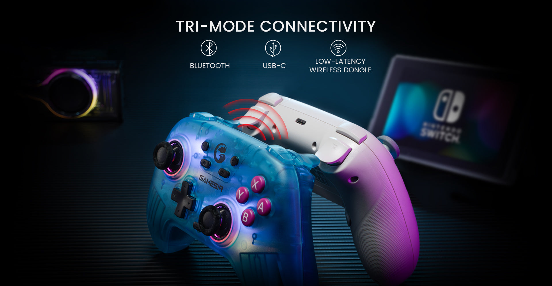 Wireless and wired connectivity options: Bluetooth, 2.4GHz dongle, and USB-C cable for multi-device compatibility.