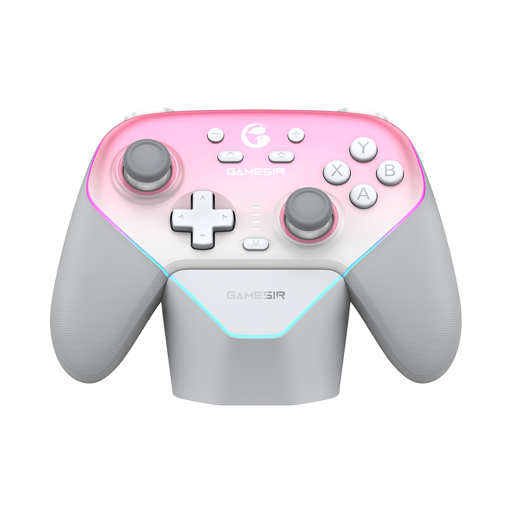 Game-sir Super Nova multiplatform game controller with pink and gray design.