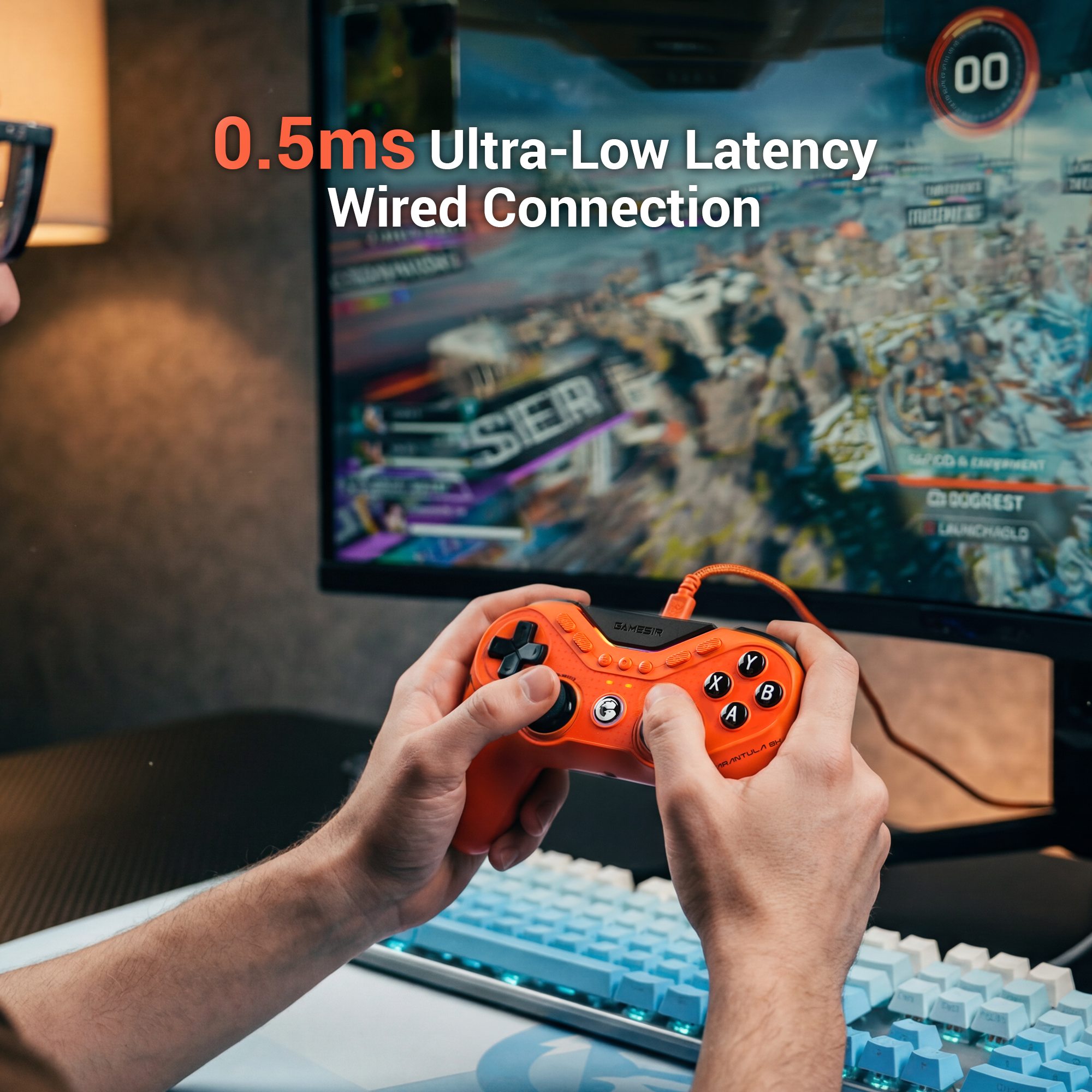 GameSir's flagship esports gamepad, the Tarantula 8K (Spider):1. Key Selling Point: 0.5ms Ultra-Low LatencyThis is the most prominent text in the image.Technical Background: Achieving a latency of 0.5ms means the gamepad supports an ultra-high polling rate of 8000Hz (8K).Comparison: Traditional esports gamepads typically have a polling rate of 1000Hz (1ms latency), while this gamepad improves the response speed by more than 2 times, achieving near-instantaneous response.Wired Connection: The image emphasizes 