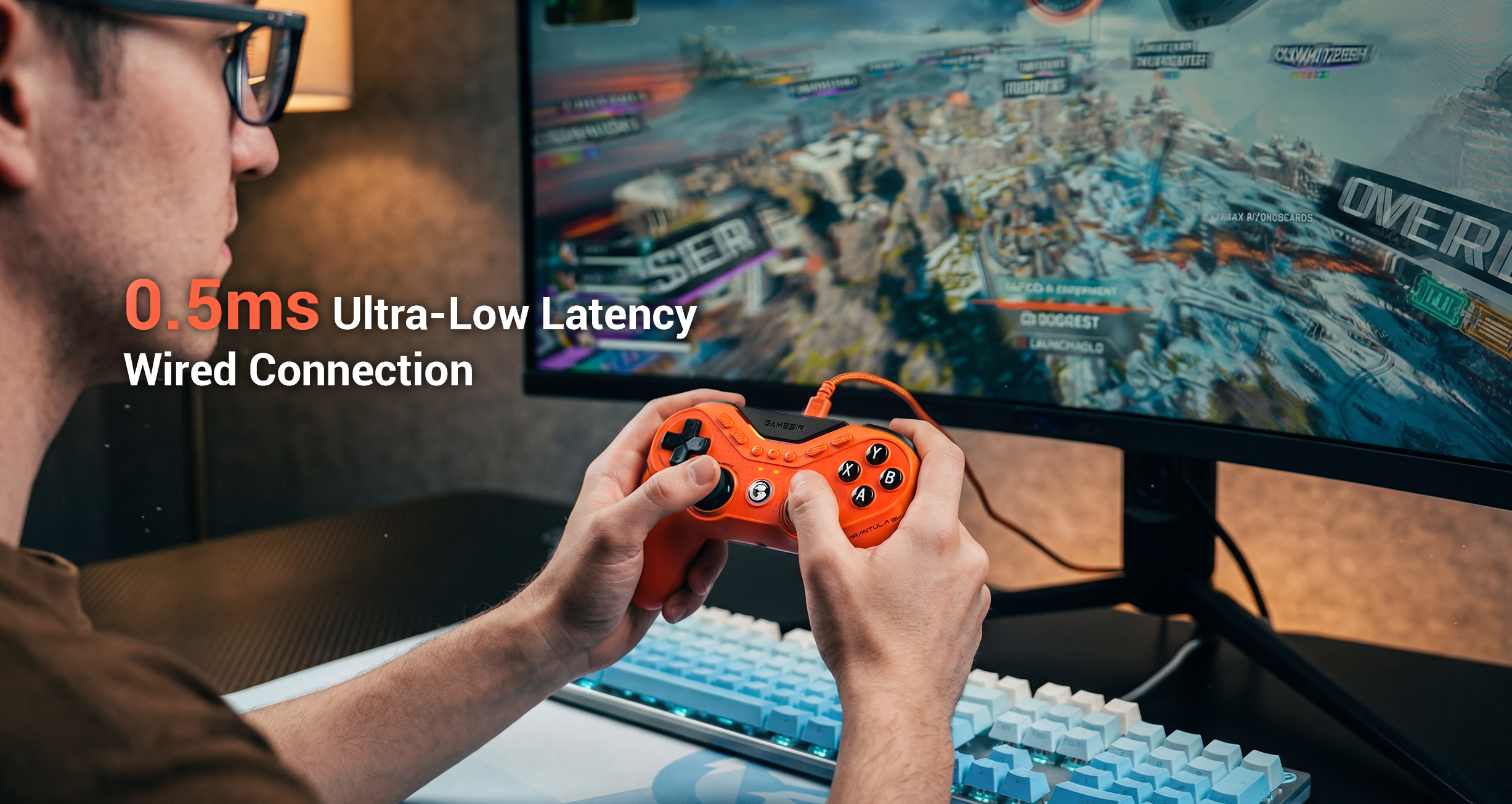 GameSir's flagship esports gamepad, the Tarantula 8K (Spider):1. Key Selling Point: 0.5ms Ultra-Low LatencyThis is the most prominent text in the image.Technical Background: Achieving a latency of 0.5ms means the gamepad supports an ultra-high polling rate of 8000Hz (8K).Comparison: Traditional esports gamepads typically have a polling rate of 1000Hz (1ms latency), while this gamepad improves the response speed by more than 2 times, achieving near-instantaneous response.Wired Connection: The image emphasizes 