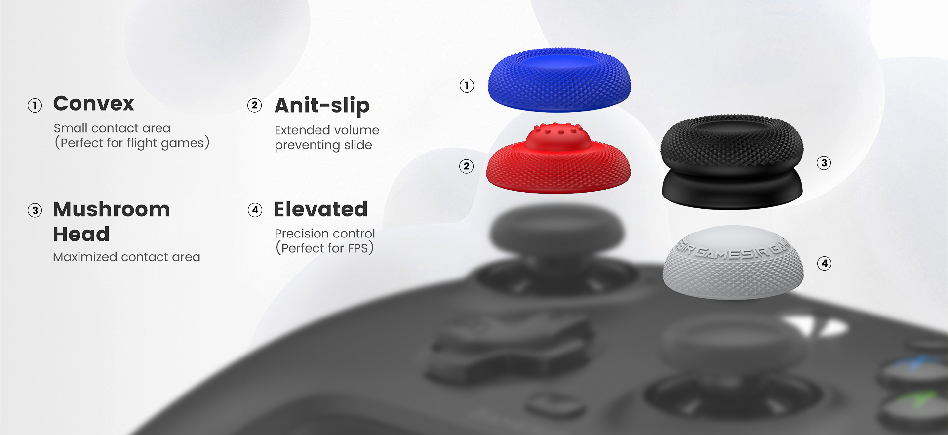 four function options of Game-sir red, blue, gray, black thumb grip caps: convex, anti-slip, mushroom head, elevared
