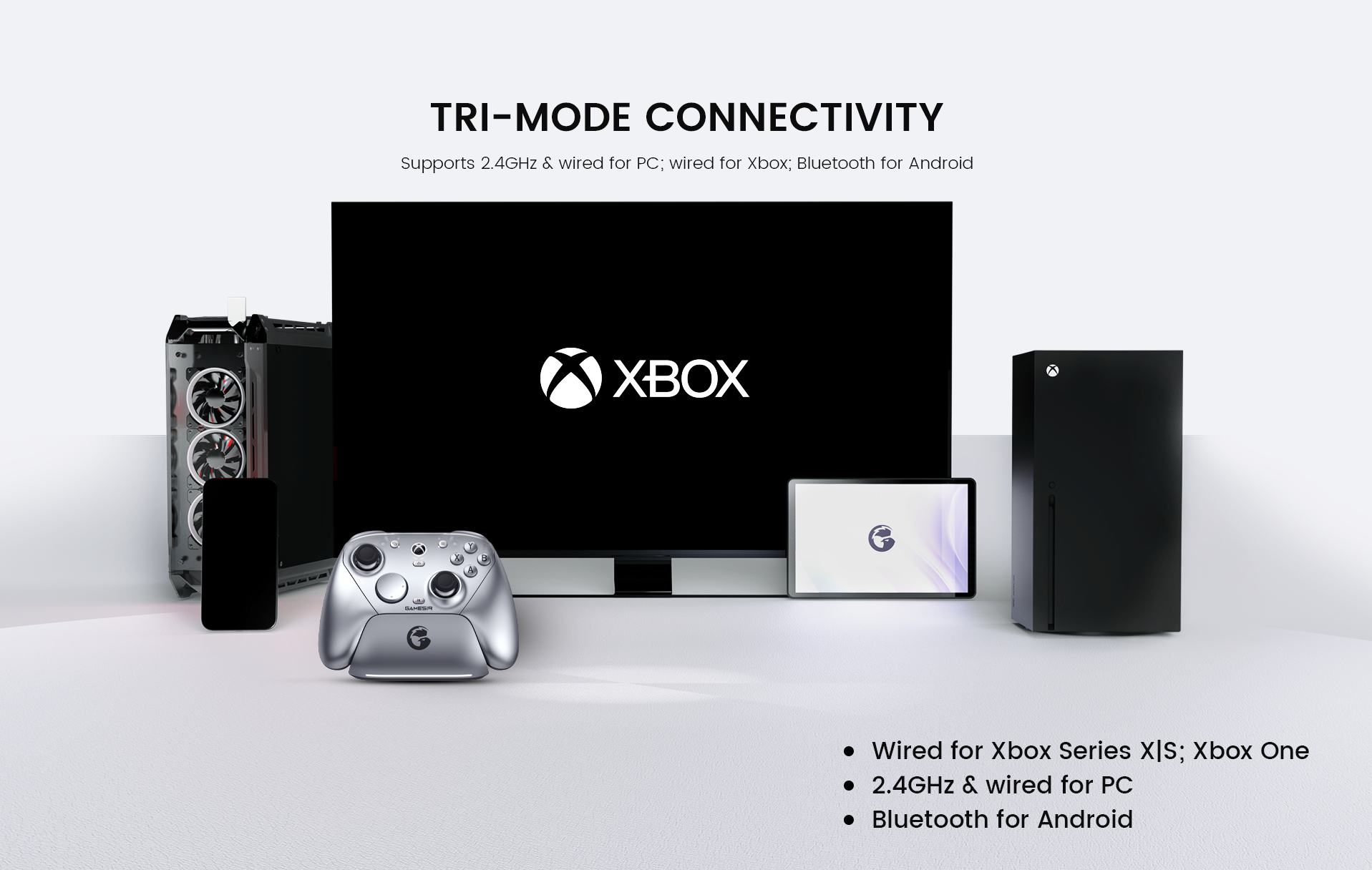 The controller features Tri-Mode Connectivity for ultimate versatility across platforms. It supports a stable wired connection for Xbox (Series X|S and Xbox One), both 2.4GHz wireless and wired modes for PC, and Bluetooth connectivity for Android devices, ensuring a seamless gaming experience on multiple systems.