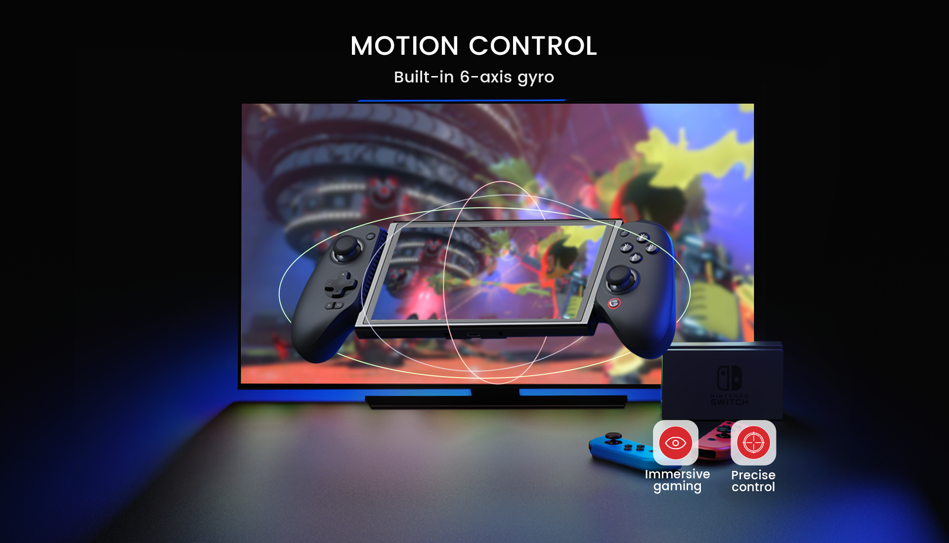 Motion control with built-in 6-axis gyroscope, allows for single-press wake-up with the Switch, offers immersive gaming and precise control