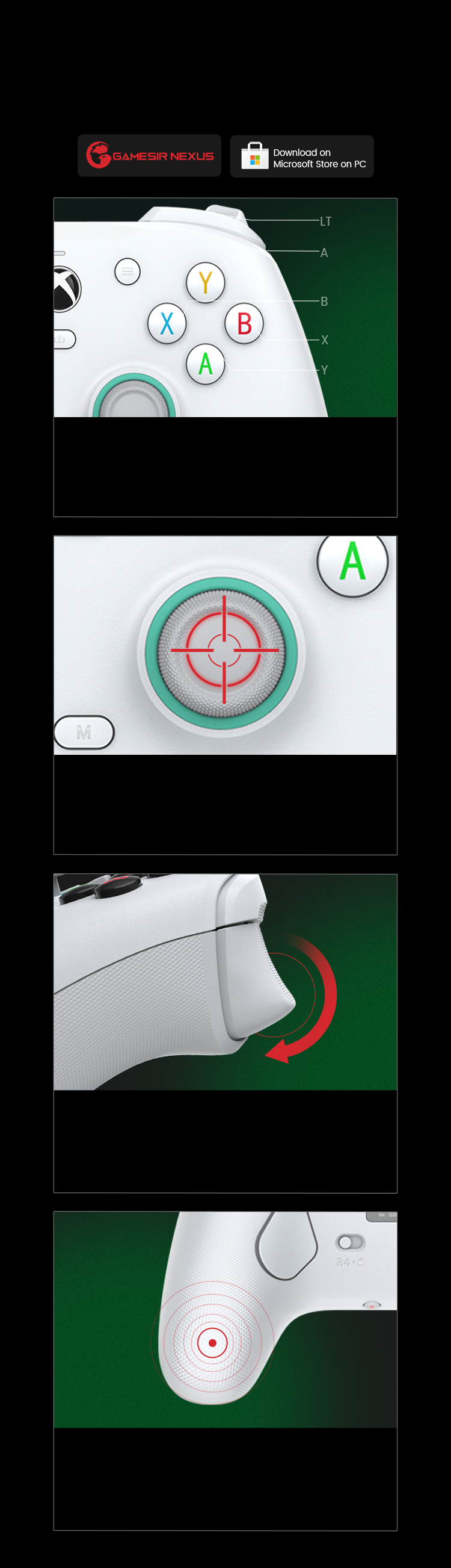 Fully customizable via Game-sir Nexus software, offering button mapping, stick & trigger zone adjustments, vibration settings, and exclusive impulse triggers for all games