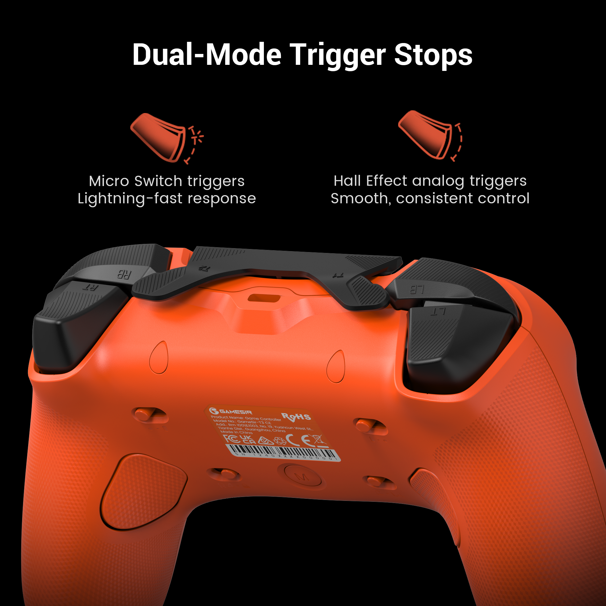  Dual-Mode Trigger Stops, a key hardware feature of the GameSir Tarantula 8K PC (Standard Edition) in its signature Lava Orange finish.This feature allows players to physically toggle the behavior of the LT and RT triggers to suit different game genres. Here is the technical breakdown of the two modes:1. Hall Effect Analog TriggersThe Technology: This mode utilizes magnetic Hall Effect sensors to detect the precise position of the trigger throughout its entire pull.The Feel: It provides smooth, consistent control with a full travel distance (analog range from 0 to 255).Best For: Games where pressure sensitivity is vital, such as racing games (for throttle and brake modulation) or action-adventure titles where you might need to gradually draw a bow or charge a skill.2. Micro Switch TriggersThe Technology: By flipping the physical switches on the back of the controller, the trigger travel is mechanically shortened, engaging a tactile Micro Switch—the same 