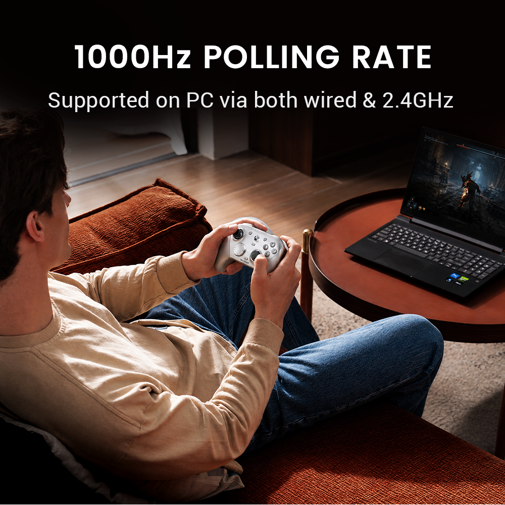 1000Hz Polling RateThe GameSir G7 Pro Metallic Silver delivers ultra-fast responsiveness with a 1000Hz polling rate, supported on PC via both wired and 2.4GHz connections.