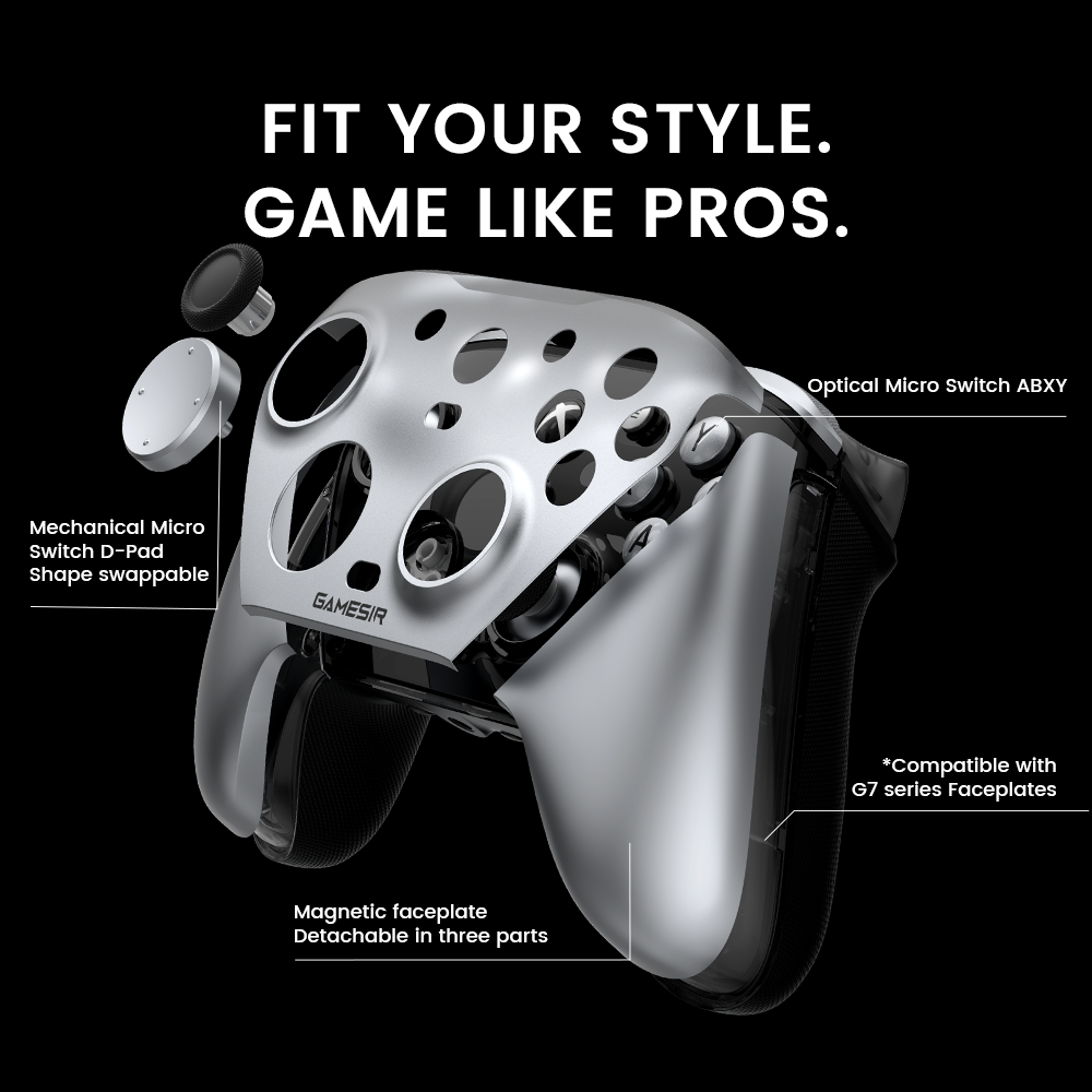 Fit Your Style & Game Like ProsThe GameSir G7 Pro Metallic Silver features a three-part detachable magnetic faceplate and a swappable mechanical Micro Switch D-Pad. It is equipped with Optical Micro Switch ABXY buttons, combining elite customization with professional-grade hardware.