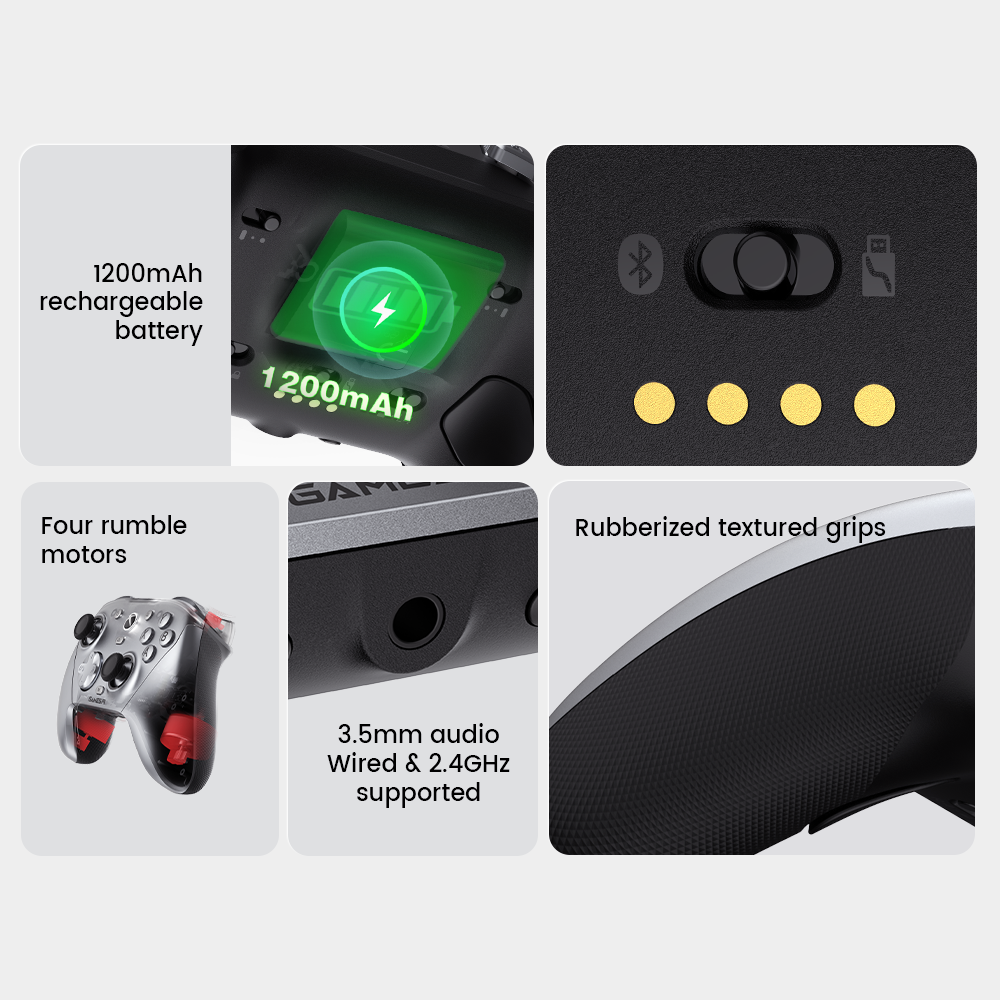 Ultimate Gaming Comfort & PowerThe GameSir G7 Pro Metallic Silver is equipped with a 1200mAh rechargeable battery and four rumble motors for immersive feedback. It features rubberized textured grips for comfort and a 3.5mm audio jack that supports both wired and 2.4GHz wireless modes.