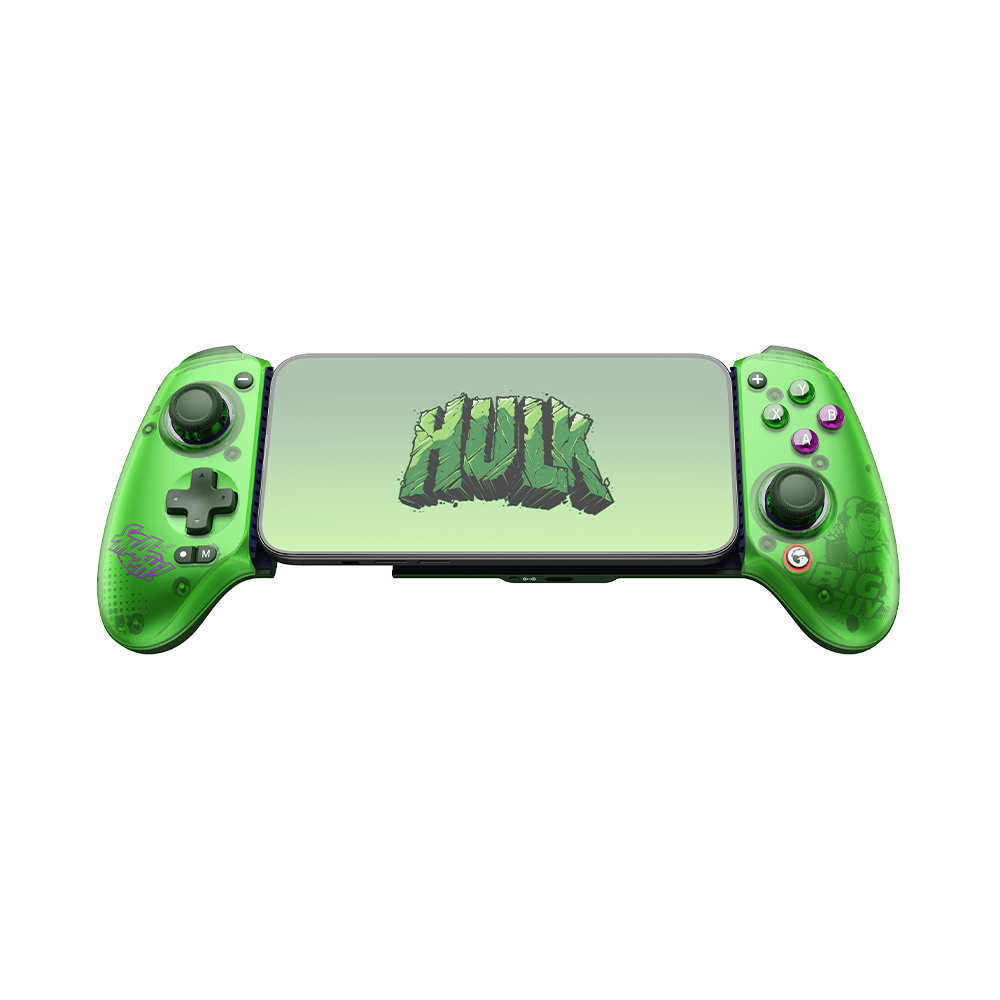 Game-sir G8 Plus Hulk Edition Bluetooth Mobile Controller with green and purple design, compatible with Switch, iOS, Android, tablets, and PC.