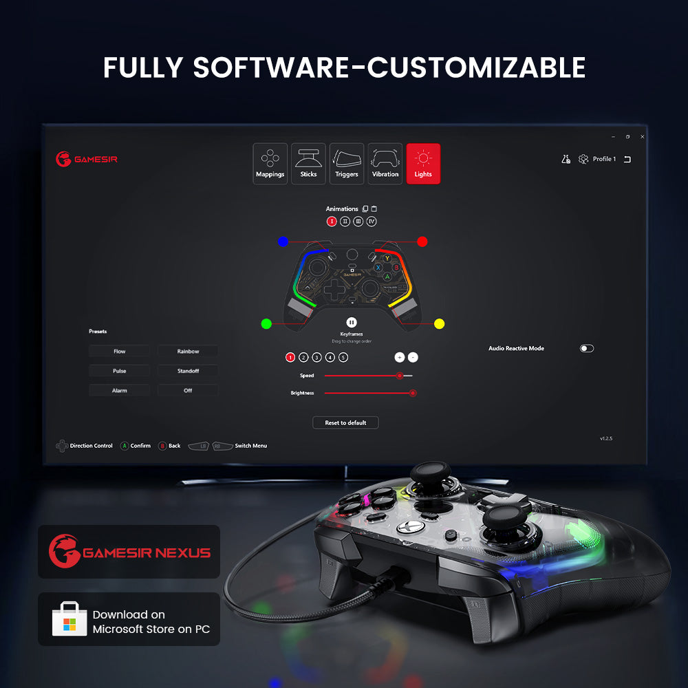 Fully customizable via Game-sir Nexus software, offering button mapping, stick & trigger zone adjustments, vibration settings, and exclusive impulse triggers for all games
