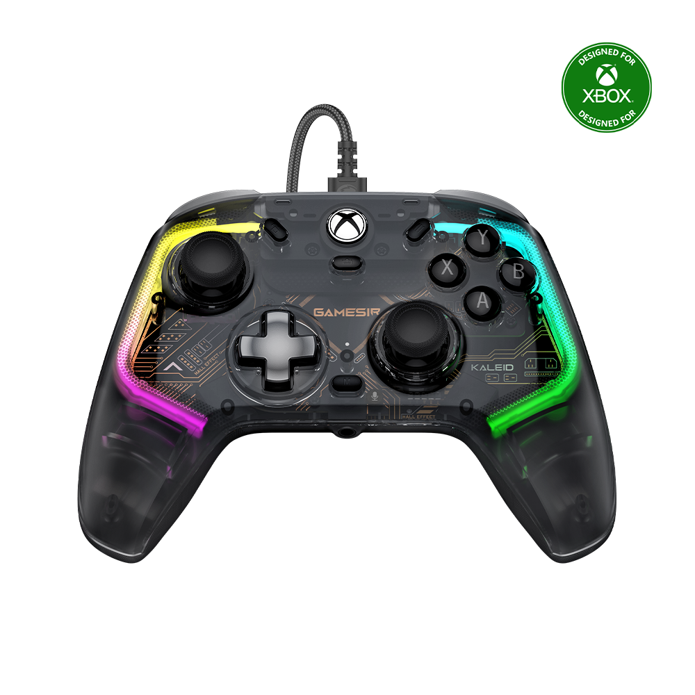 Game-sir Kaleid Xbox Wired Controller with LED light strips and Hall Effect sticks.
