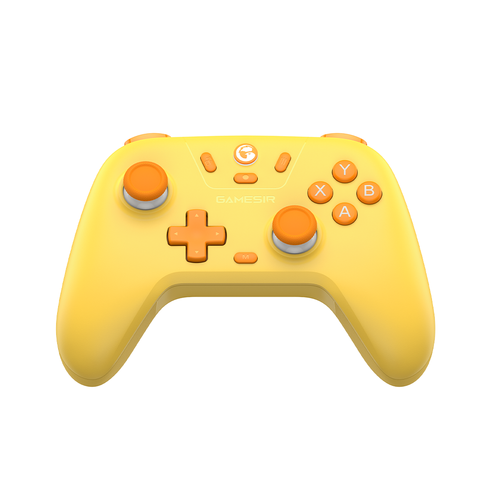 Game-sir Nova Lite Multiplatform Controller in yellow and orange design with Hall Effect sticks and analog triggers.