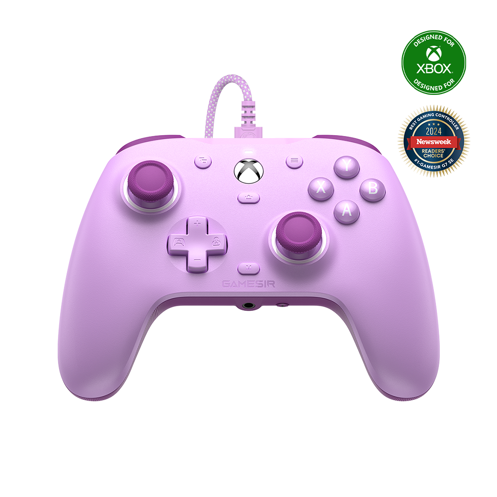 Game-sir G7 SE Xbox Wired Controller in radiant purple with magnetic faceplate and anti-drift Hall Effect sticks.