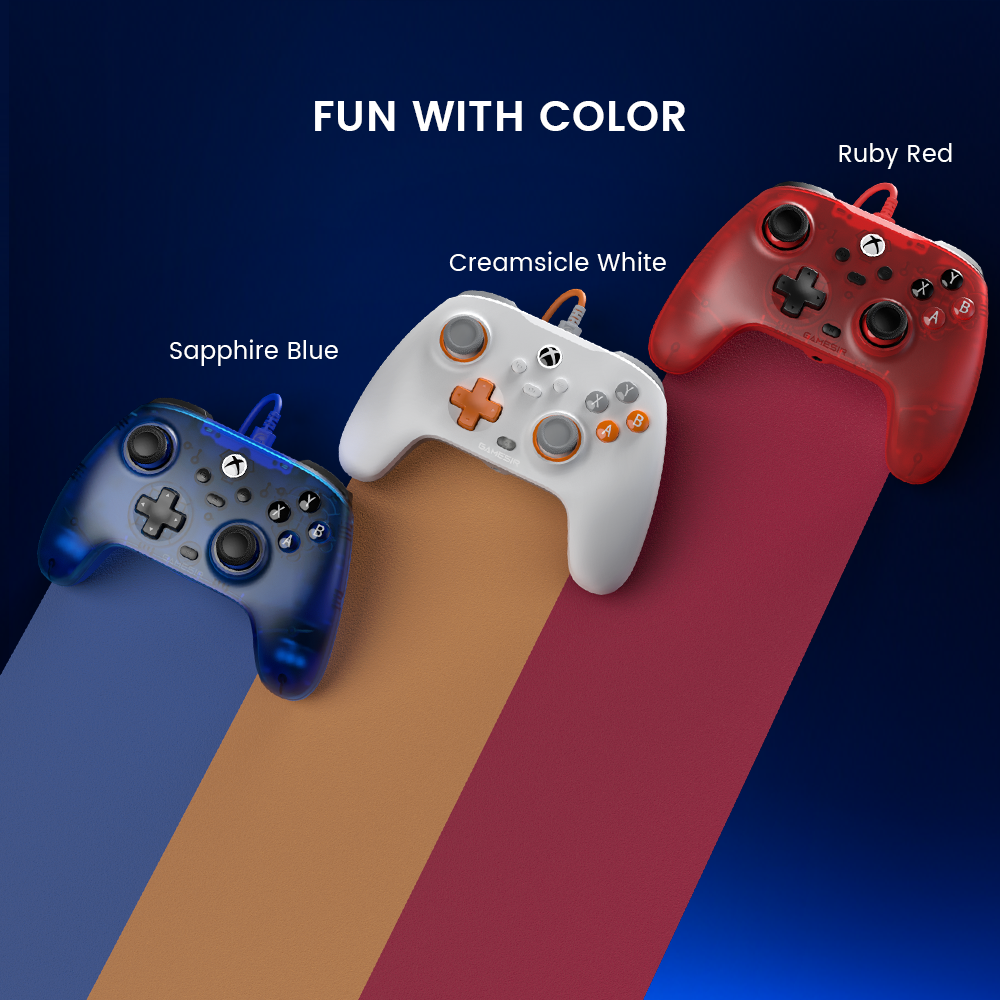 offer three color options (sapphire blue, creamsicle white, ruby red)