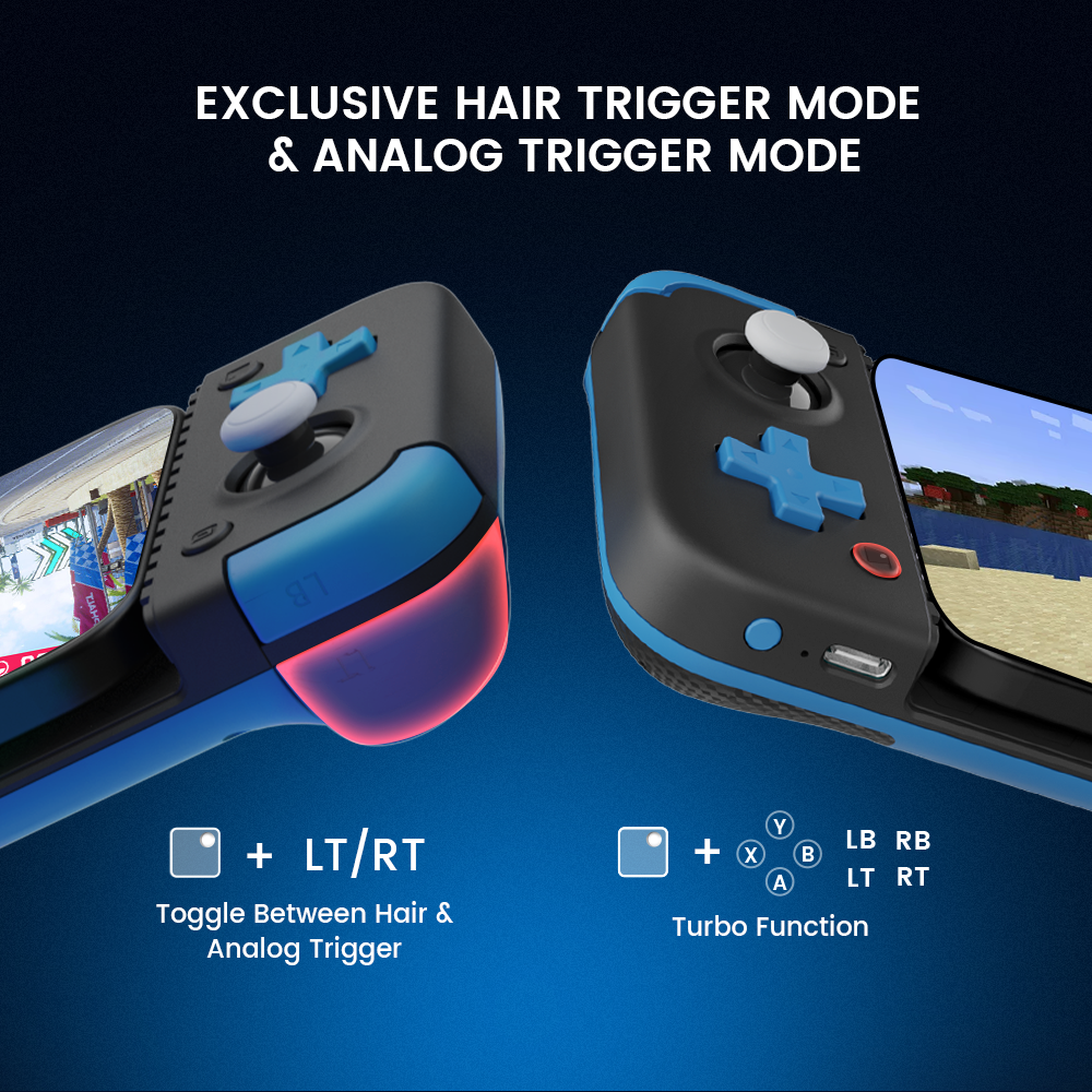 Exclusive hair trigger mode for FPS and action gamers, hold the Capture + LT/RT buttons to toggle between hair & analog triggers, press the Capture + A/B/X/Y/LB/RB/LT/RT buttons to enable the Turbo function