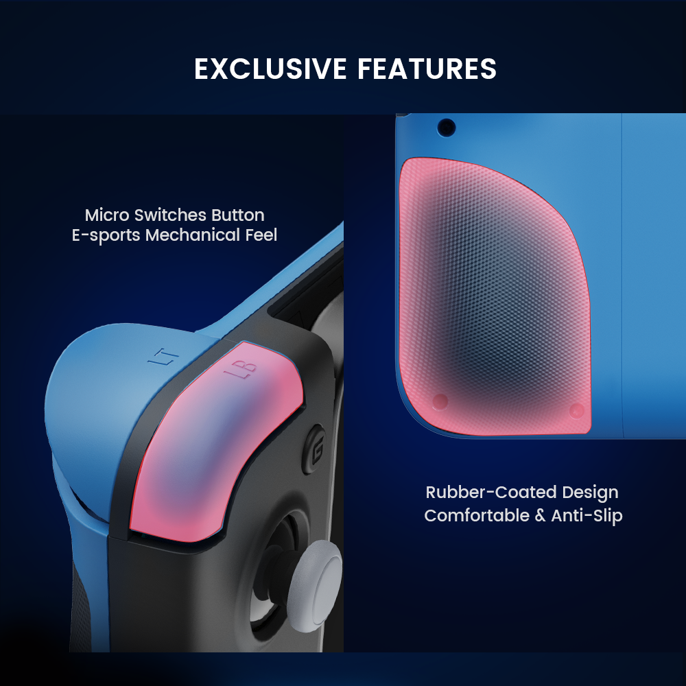 The LB and RB buttons feature micro switch design, delivering an e-sports mechanical feel, a rubber-coated design at the back of grips provides exclusive soft and anti-slip feeling