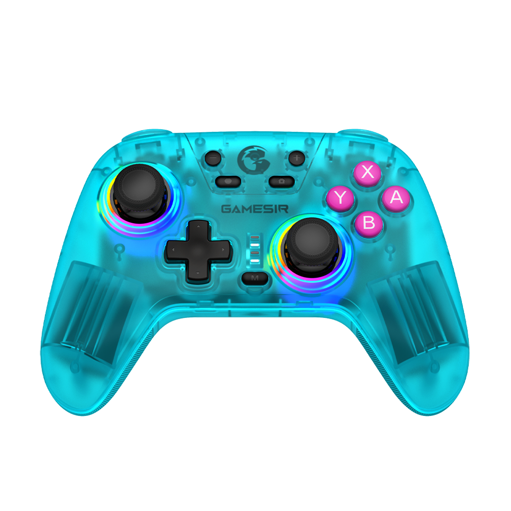 Game-sir Nova HD Rumble NS Controller in Neon Teal with lighting effects.