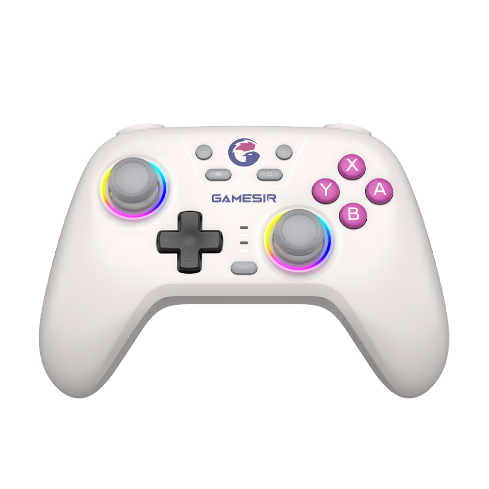 Game-sir Nova HD Rumble NS Controller in Retro White with colorful lighting effects.